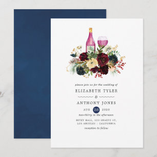 Invitation Mariage Floral de Noël au Vin Bordeaux et Navy