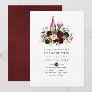 Invitation Mariage floral de Noël Navy et vin de Bourgogne