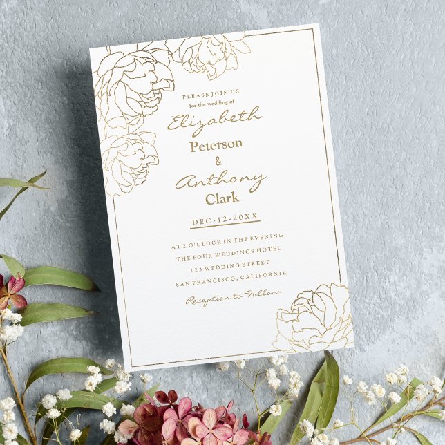 Invitation Mariage floral de pivoine blanc brillant (Sophisticated white faux gold peony floral Wedding Invitation )