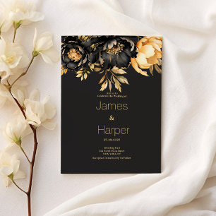 Invitation Mariage floral de pivoine noire dorée de luxe clas