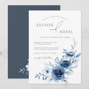 Invitation Mariage Floral de Roses Bleu Royal Élégant