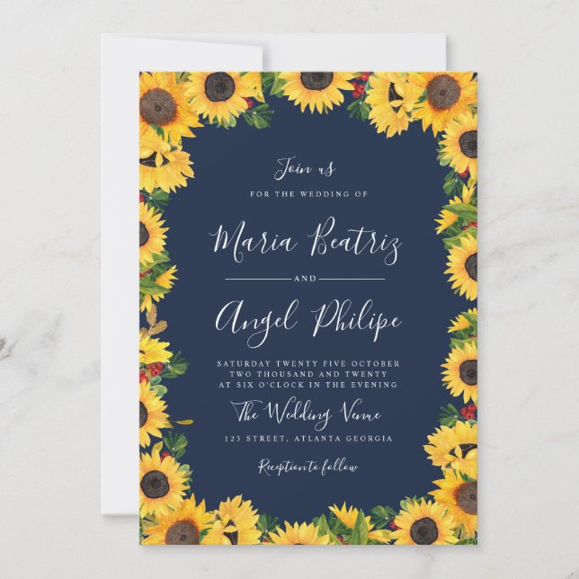 Invitation Mariage floral de tournesol bleu marine (Devant)