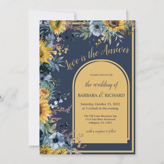 Invitation Mariage floral de tournesol bleu marine (Devant)