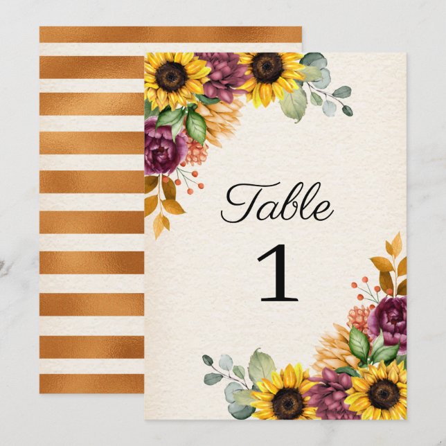 Invitation Mariage floral de tournesol d'automne Numéro de ta (Devant / Derrière)