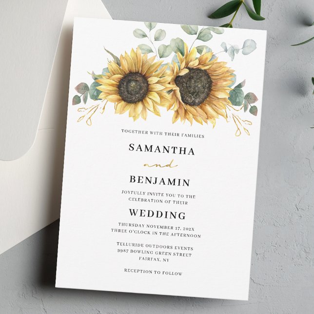 Invitation Mariage floral de tournesol Eucalyptus (Sunflower Floral Eucalyptus Watercolor Wedding Invitation)