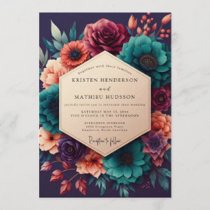 Invitation Mariage floral décadent sarcelle et bordeaux