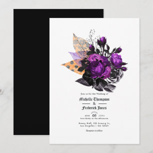 Invitation Mariage floral délabré noir, violet et orange