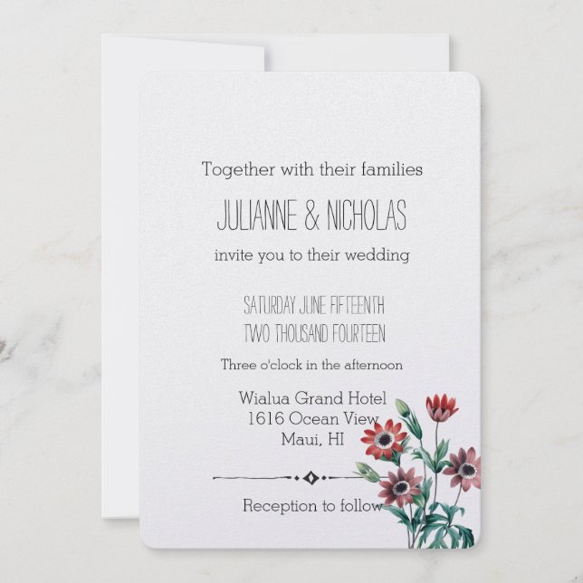 Invitation Mariage floral des anémones (Devant)
