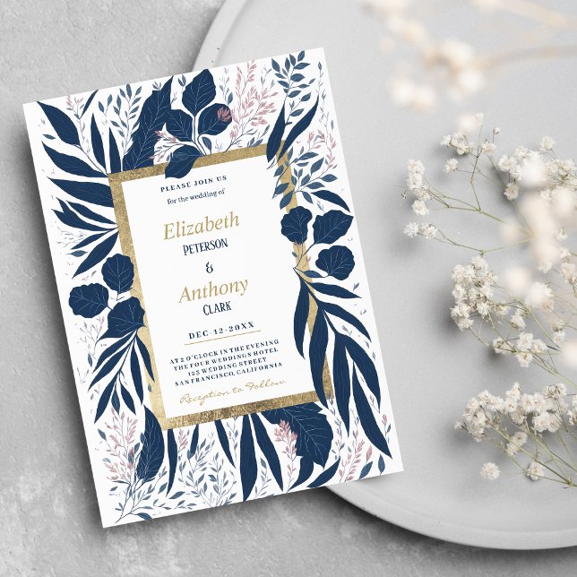 Invitation Mariage floral d'été bleu marine dessiné à la main (Hand drawn navy blue pink summer floral Wedding )