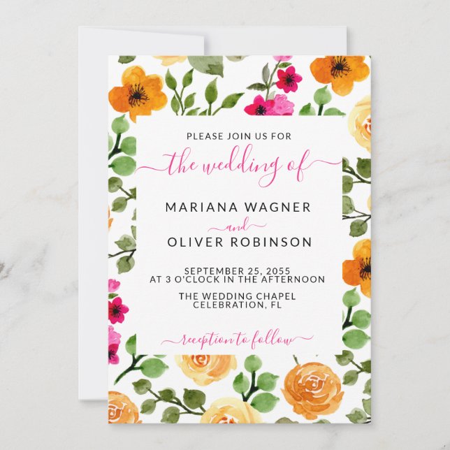 Invitation Mariage Floral d'été rose orange (Devant)