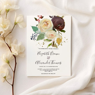 Invitation Mariage floral d'hiver burgundy ivoire menthe or
