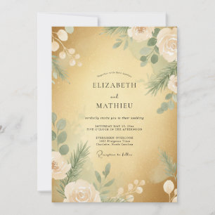 Invitation Mariage Floral d'Hiver Solennel en Or