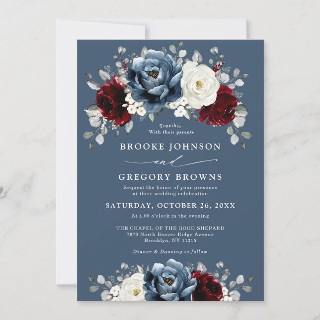 Invitation Mariage Floral d'ivoire blanc bleu ardoise en (Devant)