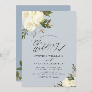 Invitation mariage floral d'ivoire bleu Dusty