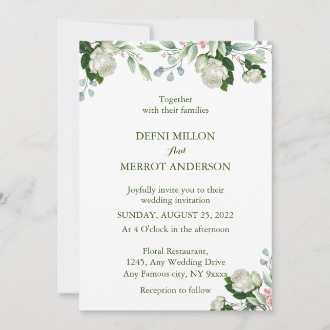 Invitation Mariage floral d'ivoire de couleur verte (Devant)