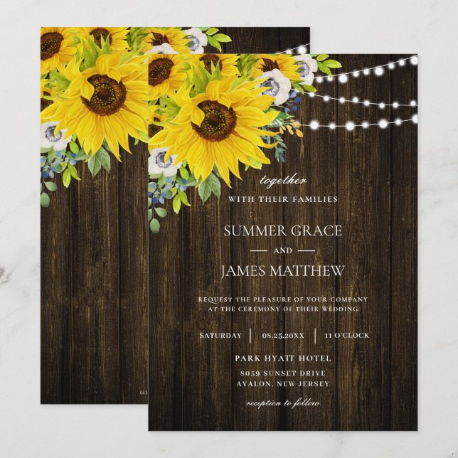 Invitation Mariage floral d'ivoire de tournesol rustique  (Devant / Derrière)