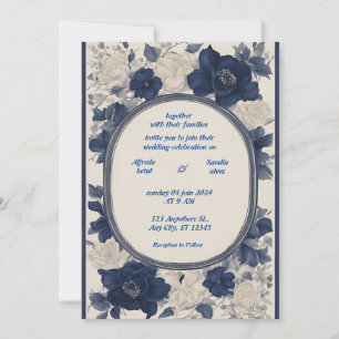 Invitation Mariage floral d'ivoire élégant bleu marine et arg
