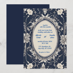 Invitation Mariage floral d'ivoire élégant bleu marine et arg