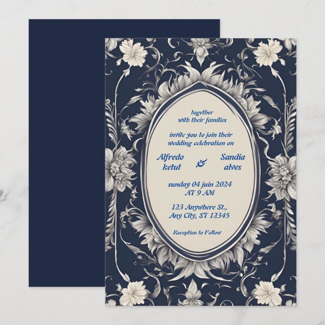 Invitation Mariage floral d'ivoire élégant bleu marine et arg (Devant / Derrière)