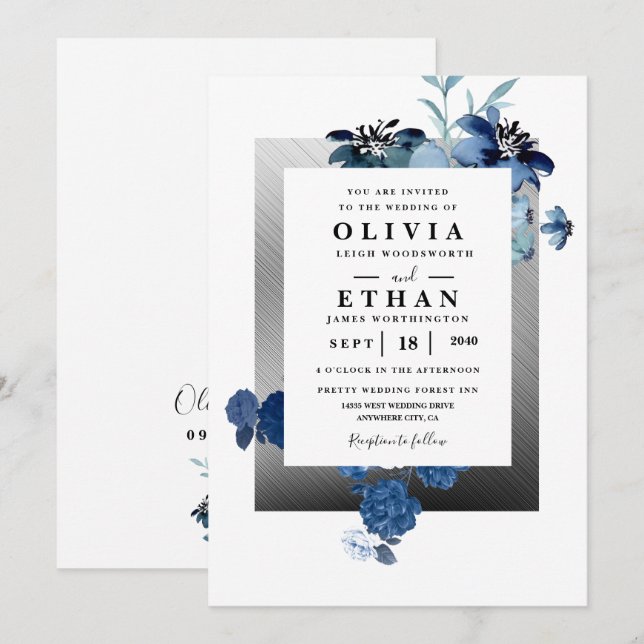 Invitation Mariage floral d'ivoire élégant bleu marine et arg (Devant / Derrière)