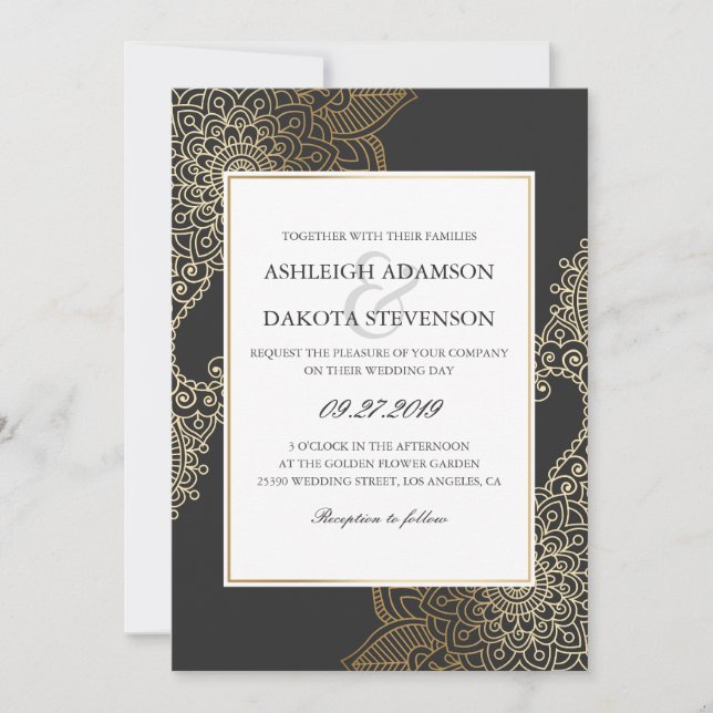 Invitation Mariage floral d'or exquis de henné (Devant)