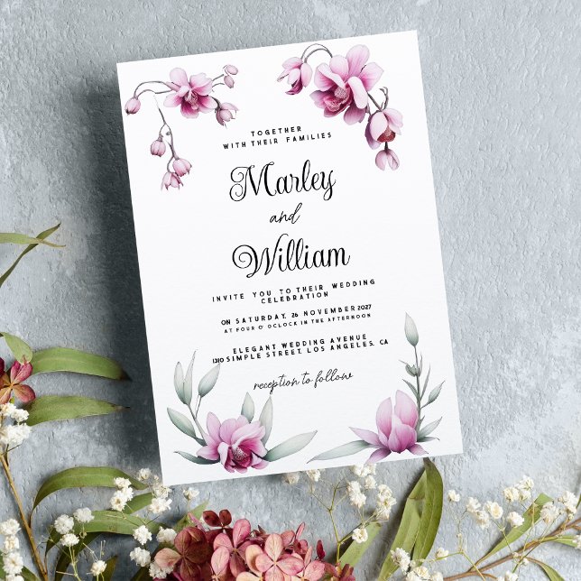 Invitation Mariage floral d'orchidée rose bordeaux (Burgundy pink elegant orchid floral Wedding)