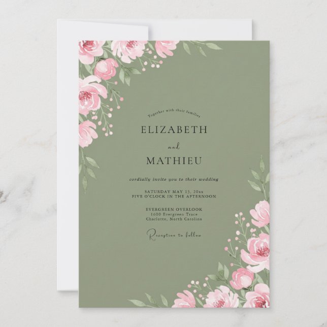 Invitation Mariage Floral Douce Rose Mousse (Devant)