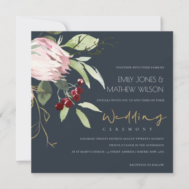 INVITATION MARIAGE FLORAL DU PROTÉA BURGUNDY BLACK NOIR GRAS (Devant)