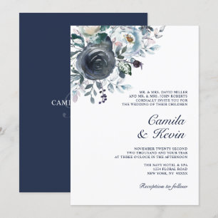 Invitation Mariage floral Dusty Blue Navy