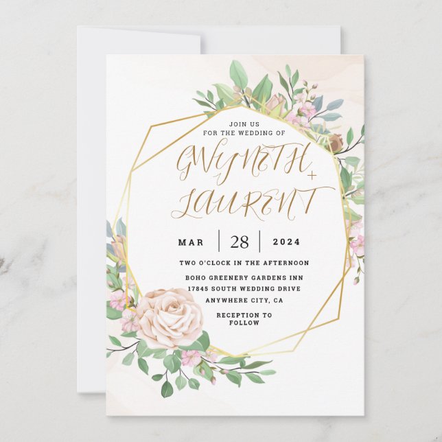 Invitation Mariage floral Dusty Rose Pink Gold Greenery (Devant)