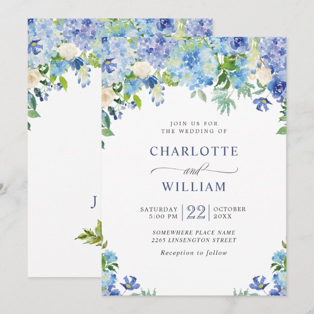 Invitation Mariage Floral Élégant Aquarelle Hydrangea Bleu (Devant / Derrière)