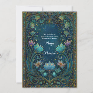Invitation Mariage floral élégant Art nouveau au lotus cyan