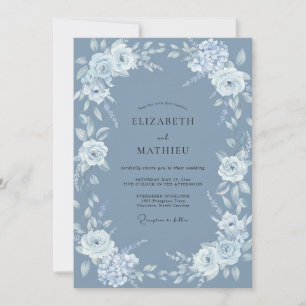 Invitation Mariage Floral Élégant Bleu Acier