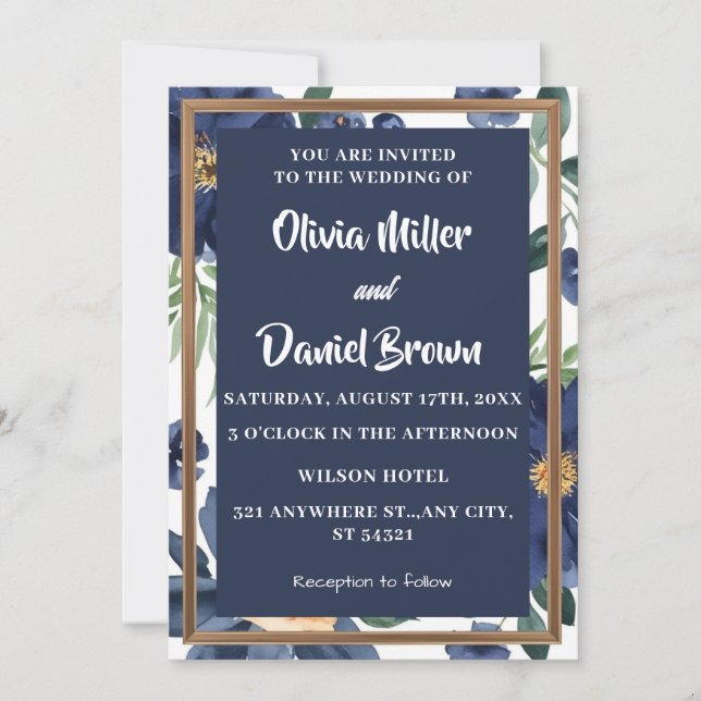 Invitation Mariage floral élégant bleu et blanc de la marine (Devant)