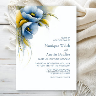 Invitation Mariage Floral Élégant Bleu et Jaune