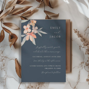 Invitation Mariage Floral Élégant Bleu Foncé & Orange Clair