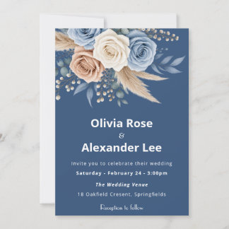 Invitation Mariage Floral Élégant Bleu Poussiéreux & Blanc