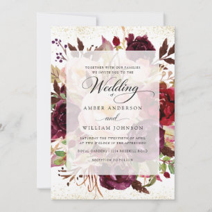 Invitation Mariage Floral Élégant Bourgogne Or 