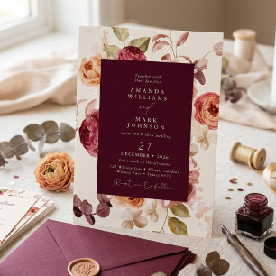Invitation Mariage Floral Élégant Bourgogne Profond Romantiqu