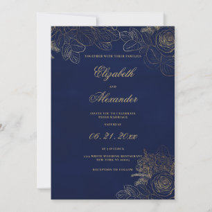 Invitation Mariage floral élégant classique bleu marine or