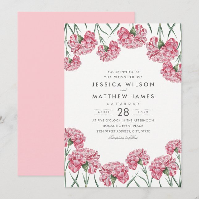 Invitation Mariage floral élégant de fleurs roses classiques (Devant / Derrière)