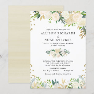 Invitation Mariage floral élégant d'or crème de roses blancs