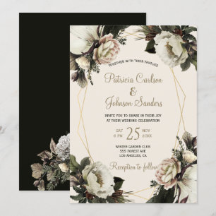 Invitation Mariage floral élégant hivernal géométrique or