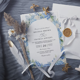 Invitation Mariage Floral Élégant Hortensias Bleus Roses Blan