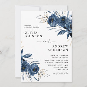 Invitation Mariage Floral Élégant Moderne Bleu Nuit