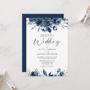 Invitation Mariage Floral Élégant Moderne Bleu Nuit et Argent