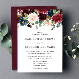 Invitation Mariage Floral Élégant Rose Bourgogne Marine