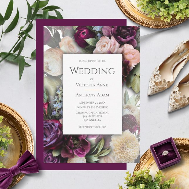 Invitation Mariage floral élégant rose de Bourgogne (Créateur téléchargé)