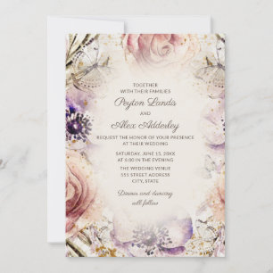 Invitation Mariage Floral Élégant Vintage Rose Pâle Violet