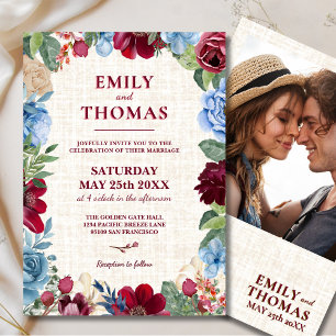 Invitation Mariage floral, élégante Bourgogne & Marine Romant